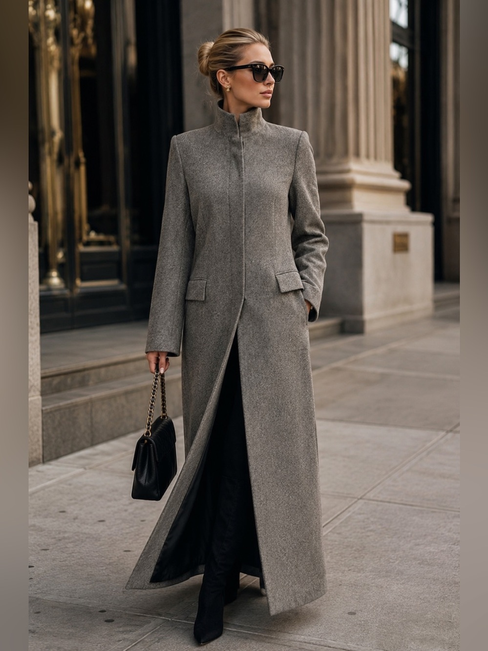 Theory wool high neck hidden button long maxi coat Front back slit Sz S